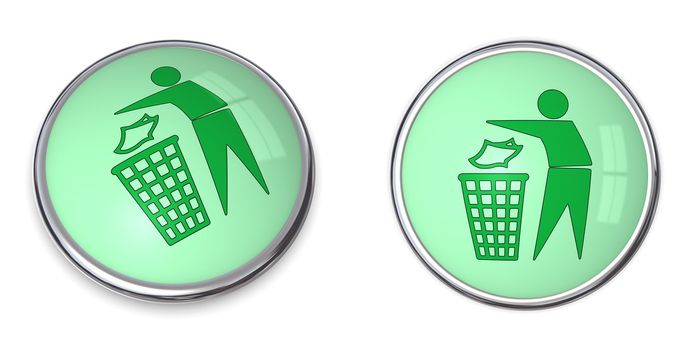 green button with recycling/eco symbol - tidy man using wastebin