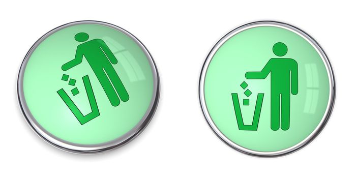 green button with recycling/eco pictogram - tidy man using wastebin