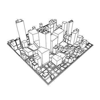 3D cityscape model sketch - outline draft, thin lines