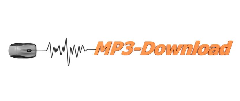 black computer mouse connected to the orange word MP3-Download via sine waveform cable