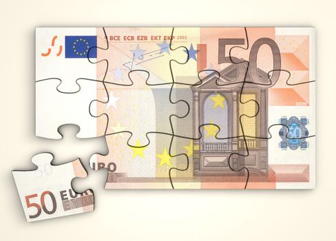 50 Euro note as a puzzle - one piece seperately - top view