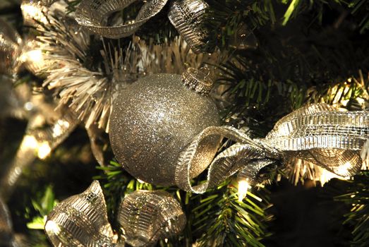 Silver Christmas Decoration Baubles with texture on christmas tree