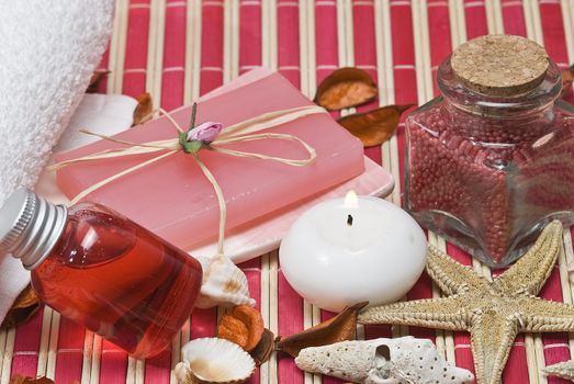 Still life about spa with some hygiene items in red.