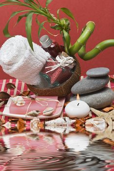 Still life about spa with some hygiene items in red.