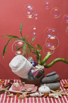 Still life about spa with some hygiene items in red and soap bubbles.