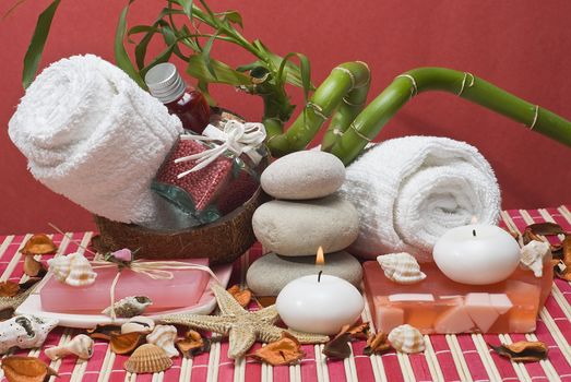 Still life about spa with some hygiene items in red.