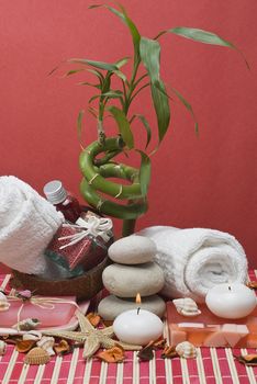 Still life about spa with some hygiene items in red.