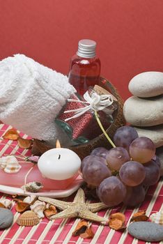 Still life about spa with some hygiene items in red.