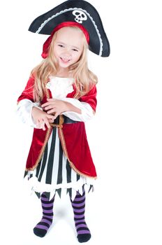 Beautiful baby girl dressed up for Christmas isolated in white