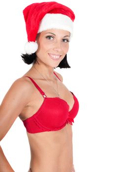 Portrait of beautiful woman in red santa hatisolated on white