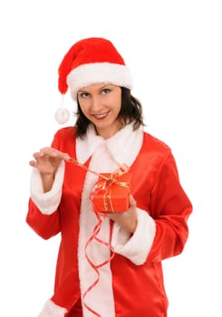 santa woman with gift isolated on white background