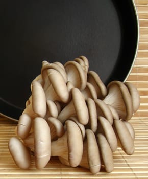 still life.mushrooms on bamboo napkin and frying-pan on background