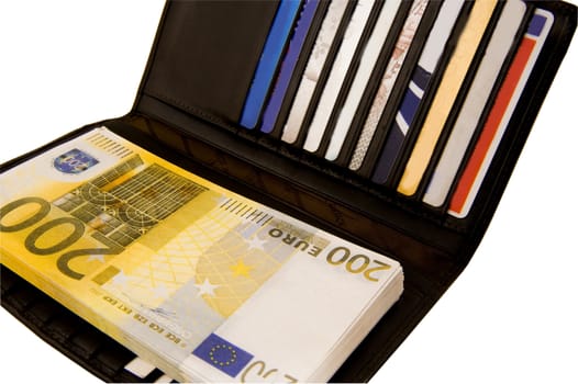 Wallet with Euro and credit cards on the white