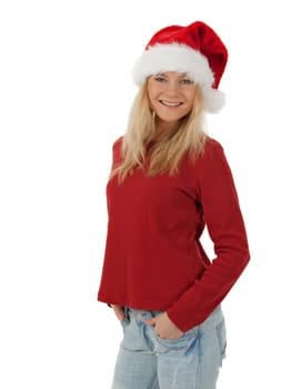 Smiling casual Christmas girl wearing Santa hat, isolated on white.