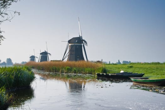 Three historic watermills in a row build to pump water out of the polder