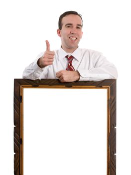 Businessman giving a thumbs up while leaning on an empty frame for your text