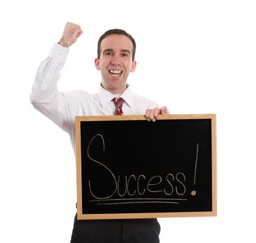 A young businessman holding a sign and pumping his fist with excitement, isolated against a white background