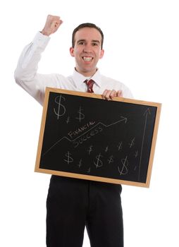 A new business owner is happy he is in the black, isolated against a white background