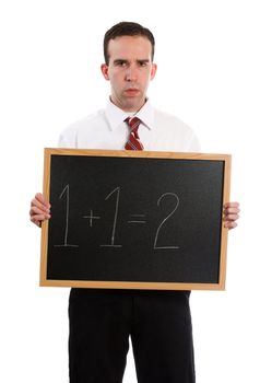 A strict teacher is holding a chalk board with 1+1=2, isolated against a white background