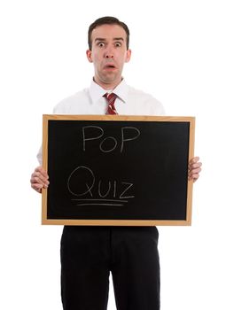 A young teacher holding a sign that says pop quiz, isolated against a white background