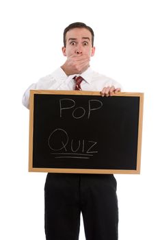 A shocked substitute teacher is shocked that he has to give a pop quiz, isolated against a white background