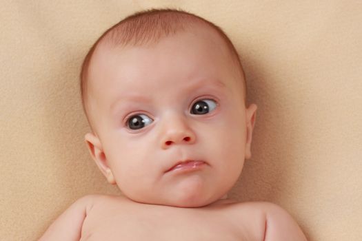 portrait of a cute caucasian baby girl, beige background