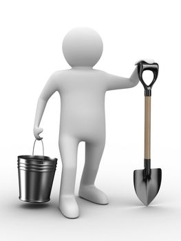 Man with bucket and shovel on white background. Isolated 3D image