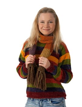Smiling young woman wearing striped sweater and scarf, isolated on white.