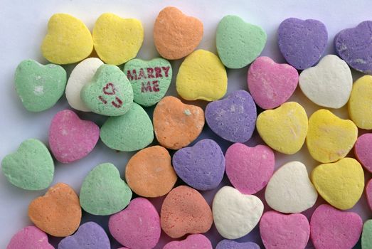 An isolated shot of Love Heart Candy in different colors