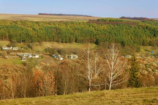 Prominent rural landscape. The village in the valley between woods, fields and meadows