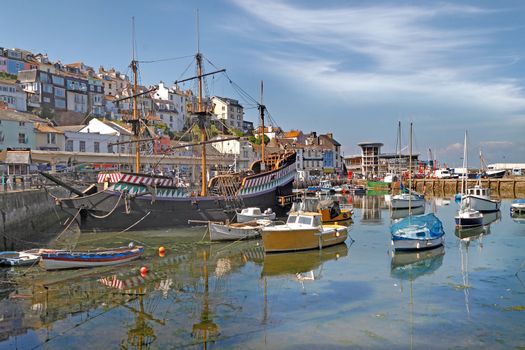 A replica of Francis Drake's ship, The Golden Hind, which in the 16th century was one of the first ships to sail round the world, is based in Brixham harbour, Devon, England.