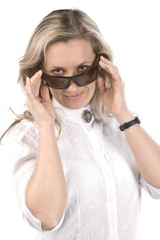 Young women with sunglasses. White shirt. White background.