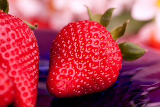 A strawberry on a plate in an outdoor setting