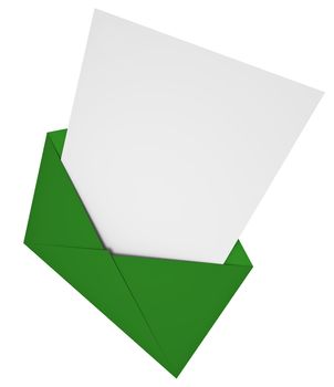 Green envelope with a letter. 3D rendered image.