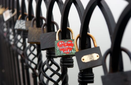 A multitude of locks, hung by lovers on the bridge in Donetsk, Ukraine.