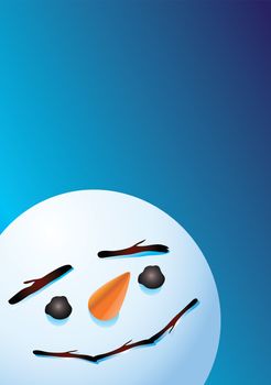 An illustration of a snowmans head set to the bottom left of the image set on a blue gradated background, with twigs for its mouth and eye brows, coal for its eyes and a carrot for its nose.