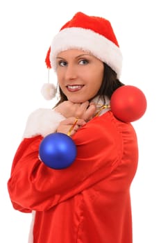  woman santa with christmas decoration isolated on white background