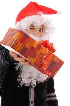 The teenager in a hat santa claus isolated on white background