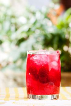 A glass of sparkling raspberry punch outdoors in a natural setting