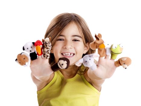 Cute and happy girl playing with finger puppets