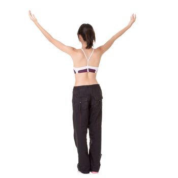 Young fit woman raised hand and feel free isolated over white background.