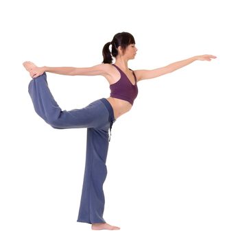 Expert yoga pose by young Asian woman, isolated over white.