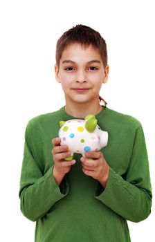 teenage boy smiling portrait with piggy money box isolated on white