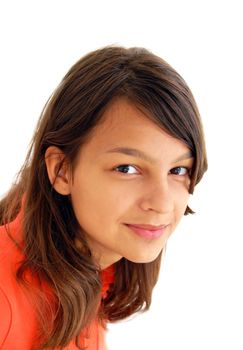 Portrait of cheerful long-haired caucasian teenage girl isolated over white background