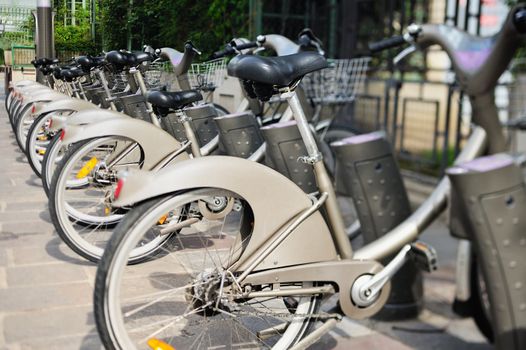 Parking of bicycles in Paris. Photo with tilt-shift lens