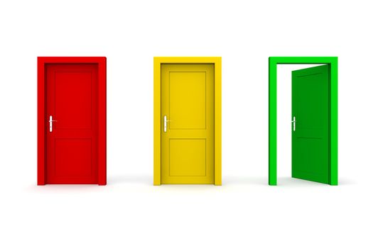 thre doors in a a row - red, yellow, green - green door open
