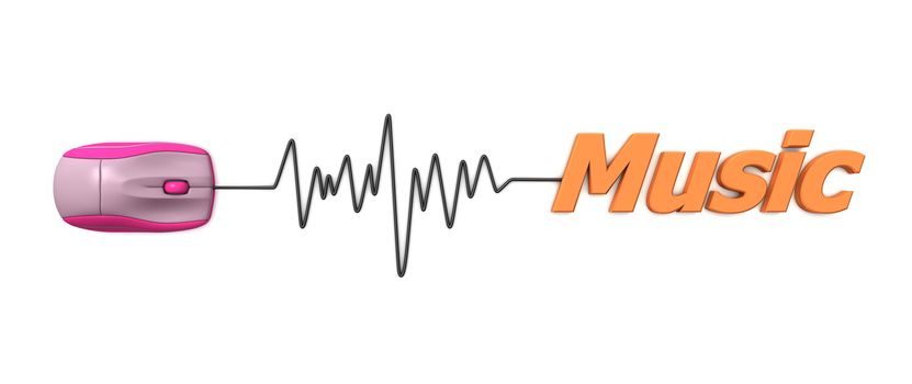 pink computer mouse connected to the orange word music via sine waveform cable