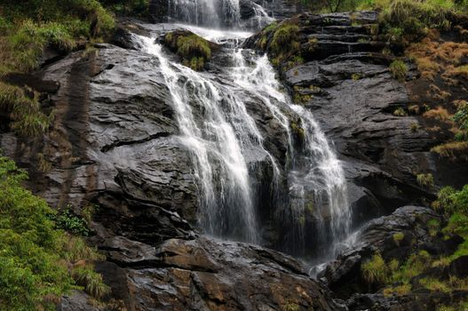 Cascade water falling over dark mossy rocks