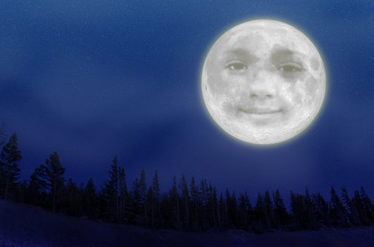 An illustration of a full moon with a smiley face over trees on a night sky covered with stars.