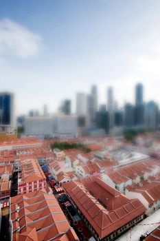 Chinatown with Singapore city center in the background taken with a tilt shift lens